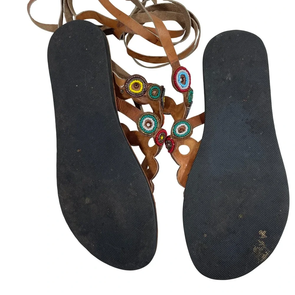 Anthropologie Laidback London Beaded Leather Lace Up Sandals Brown Multi Size 38